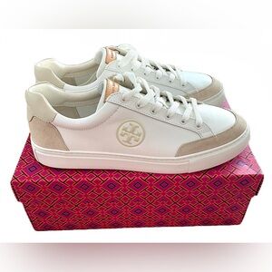 Tory Burch White and Beige Leather Sneakers